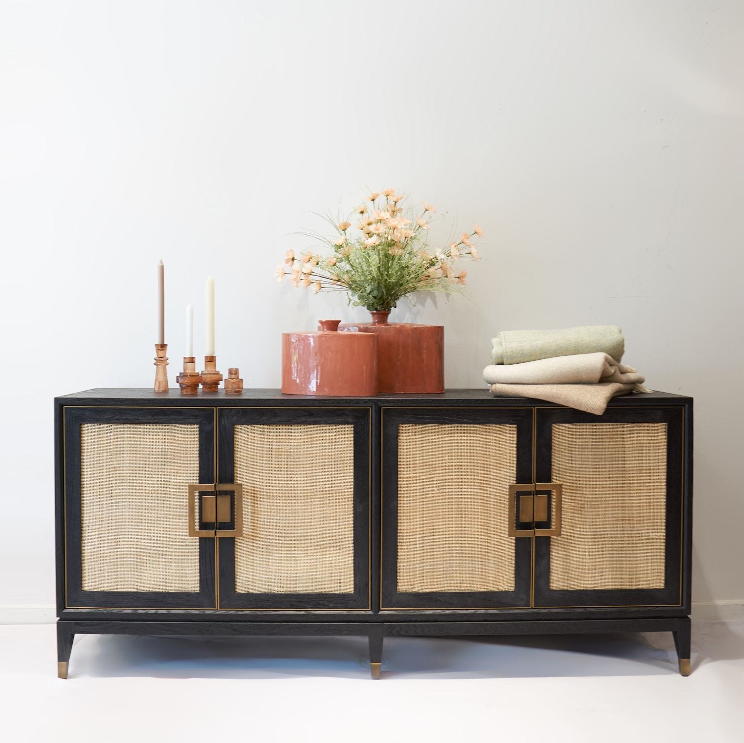 Natural Rattan & Black Wood Sideboard