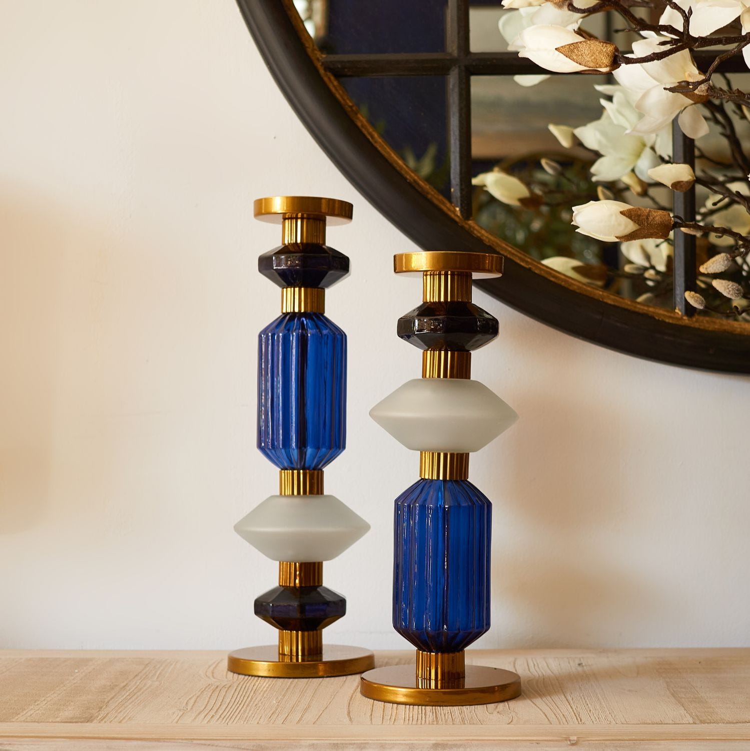 Gold & Blue Coloured Glass Candlestick - Large