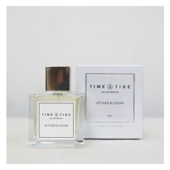 A vetiver & cedar perfume in sophisticated glass perfume bottle with white gift box