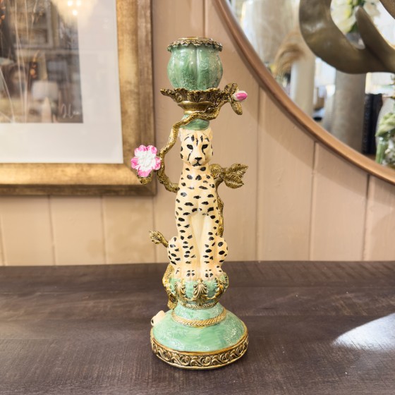 Antique Sage & Cream Leopard Candlestick