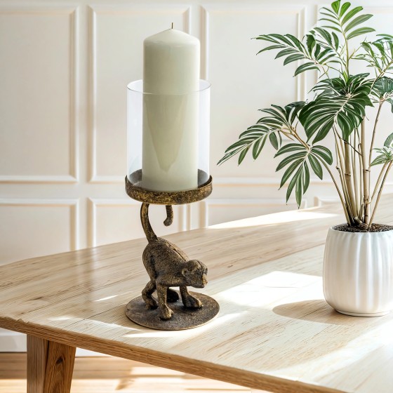 Antique Gold Monkey & Glass Candleholder