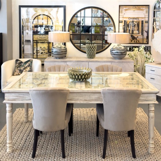 White Wash Ornate Inlay Dining Table 