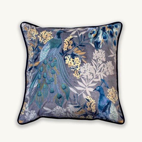 Embroidered Blue Velvet Peacock Cushion - 45x45cm
