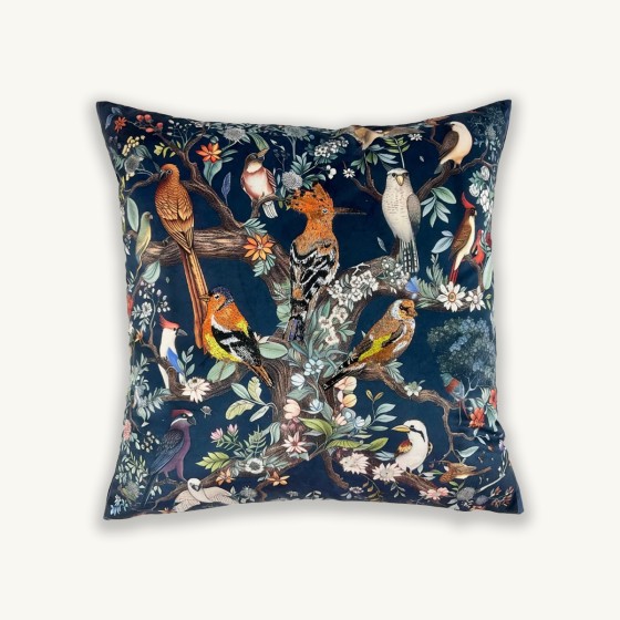 Navy Blue Embroidered Birds in Tree Cushion - 45x45cm