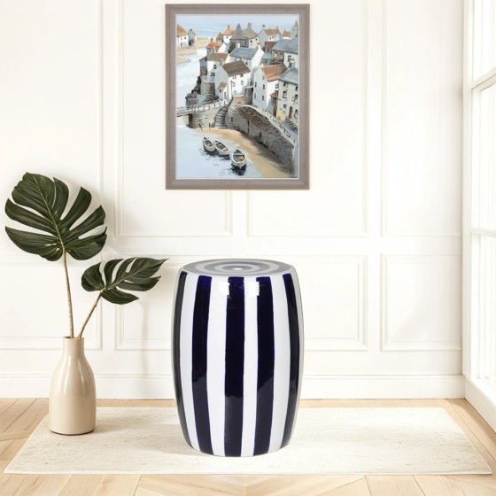 Navy & White Striped Ceramic Stool