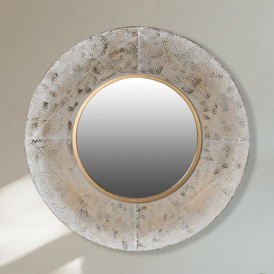Textured White Wash Gold Circular Mirror 