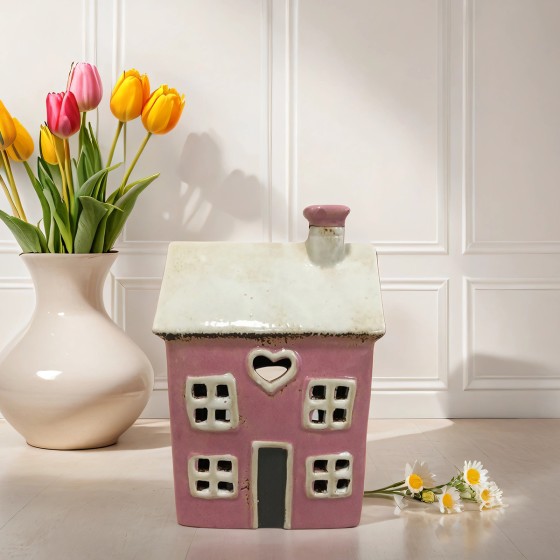 Pink Heart Ceramic Tealight House 