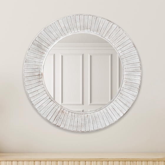 White Wash Iron Frame Circular Mirror