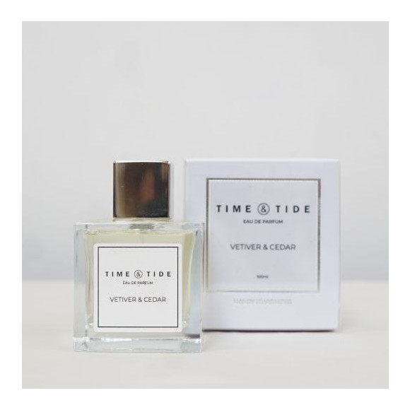 A vetiver & cedar perfume in sophisticated glass perfume bottle with white gift box