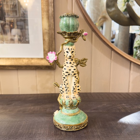 Antique Sage & Cream Leopard Candlestick