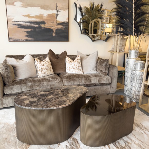 Brown Marble & Glass Organic Coffee Tables - Set of 2