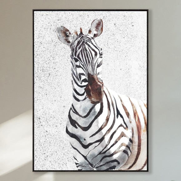 An artwork of a zebra on a speckled background with black frame surround