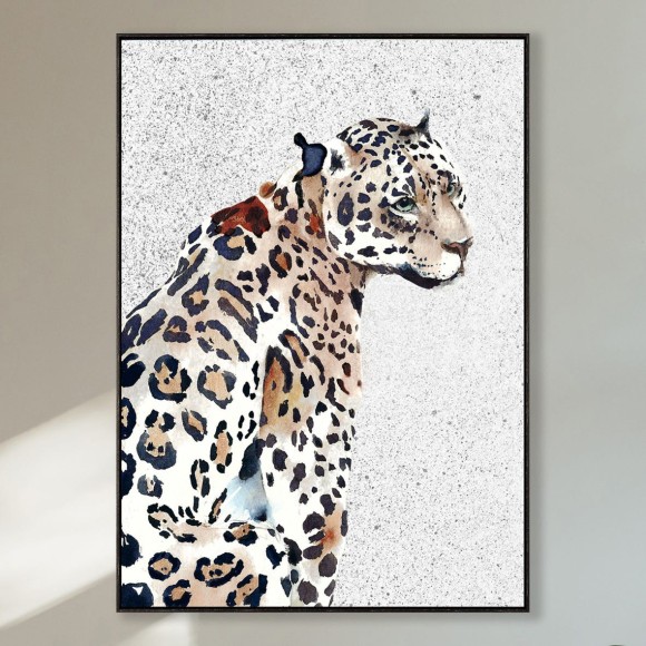 An artwork with image of a leopard against a shimmering silver background, with black frame surround.