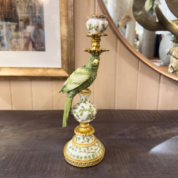 Antique Sage & White Parrot Candlestick
