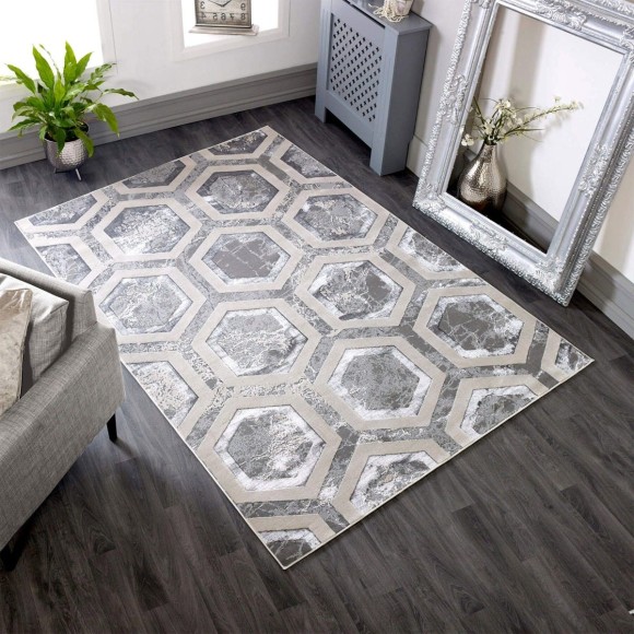 Metallic Grey Hexagonal Rug - 160x230cm