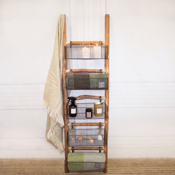 Oak & Iron Basket Ladder Shelves