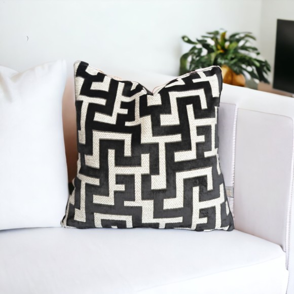 Black Velvet Geometric Print Cushion - 43x43cm 