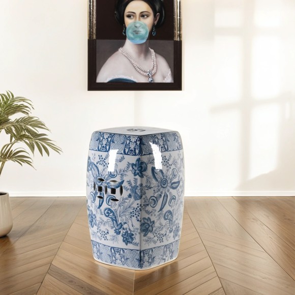 Blue & White Oriental Print Ceramic Stool 