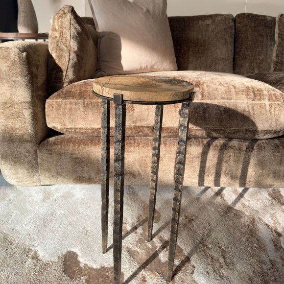 Brown Marble & Hammered Iron Accent Table