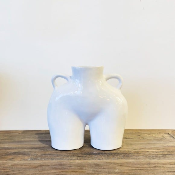White Ceramic Bum Vase With Handles