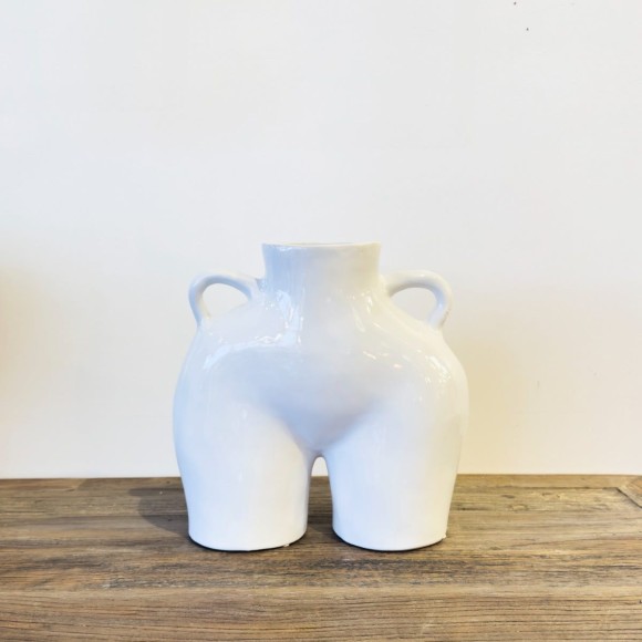 White Ceramic Bum Vase With Handles