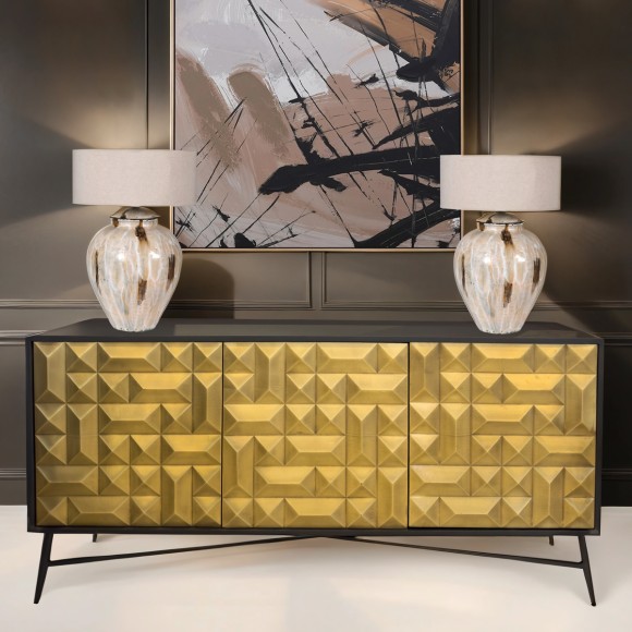 Mango Wood & Gold Iron Geometric Squares Sideboard
