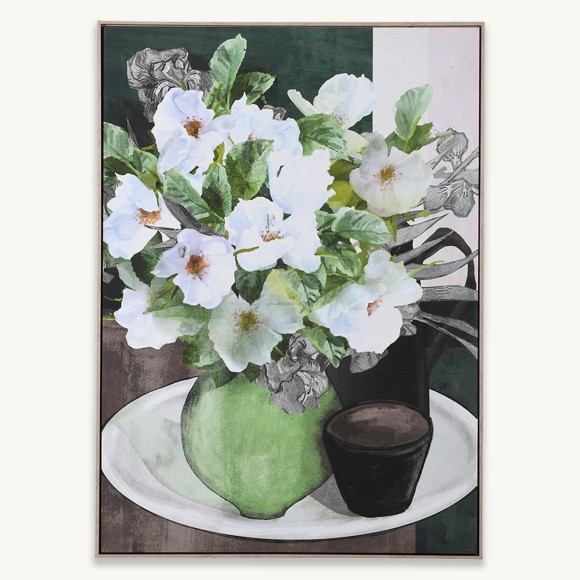 Green & White Flowers in Vase Canvas
