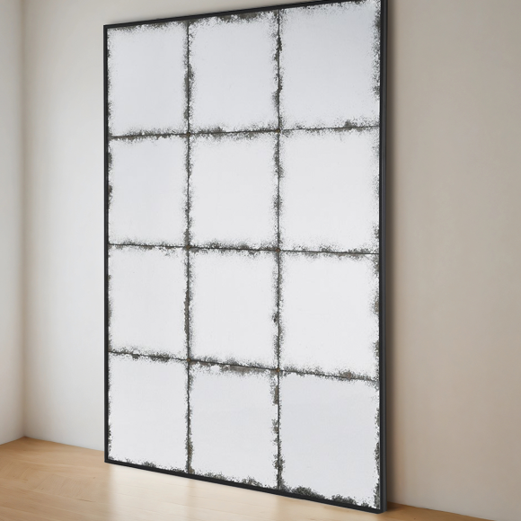 Distressed Black Frame Grid Mirror