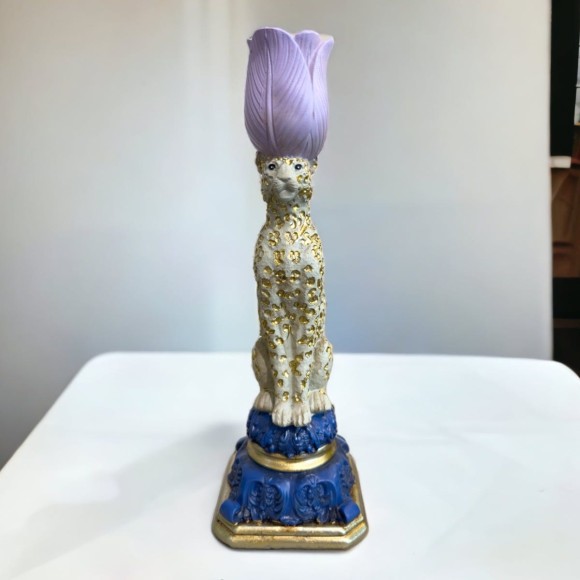 Blue & Silver Leopard With Flower Candleholder