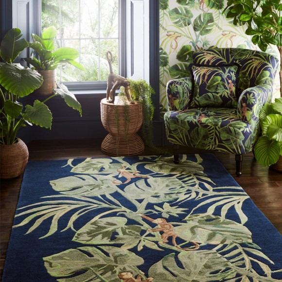 Navy Jungle Leaf Patterned Rug - 160x230cm