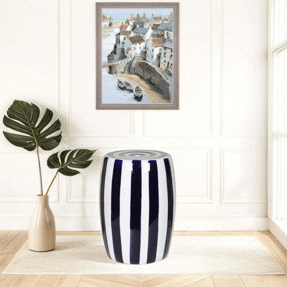 Navy & White Striped Ceramic Stool 