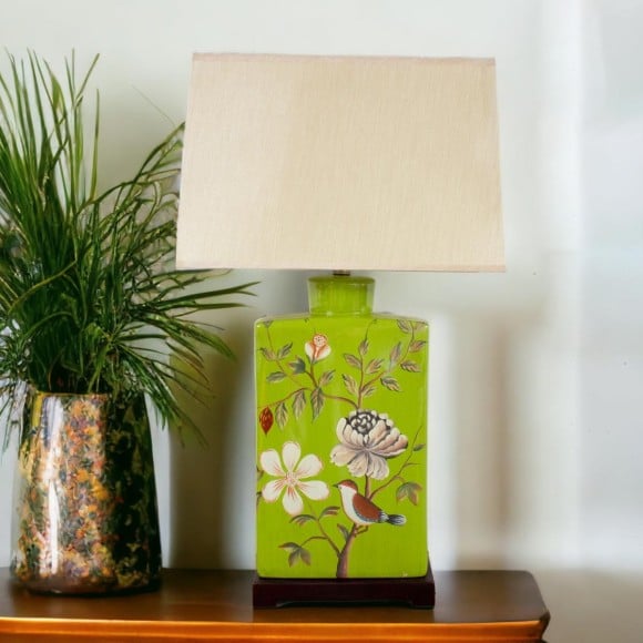 Olive Painted Floral & Bird Lamp