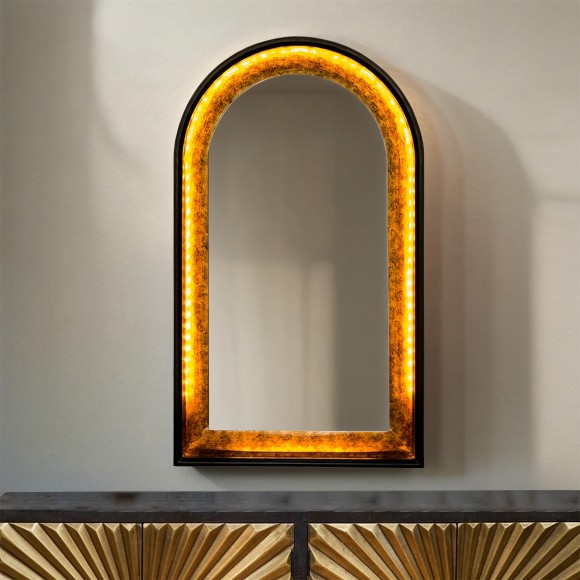 Black & Gold LED Lit Mirror - Arch 