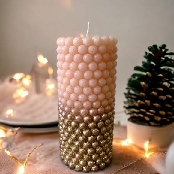 Pink & Gold Glitter Bobble Pillar Candle 