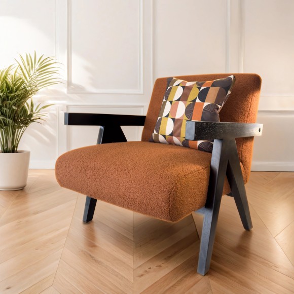 Rust Boucle & Dark Wood Armchair 
