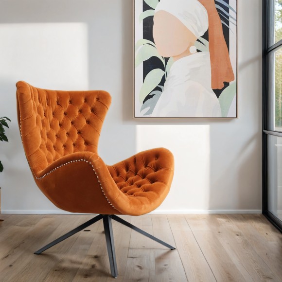 Rust Buttoned Velvet Swivel Chair