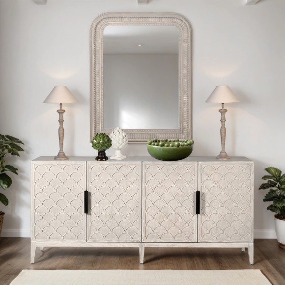 White Wash Scalloped 4 Door Sideboard