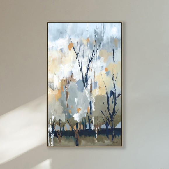 A rectangular picture featuring an abstract tree scape in shades of blue and khaki green