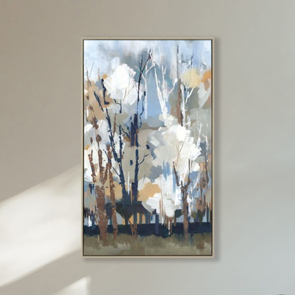 A rectangular picture featuring a tree scape in shades of khaki and blue.