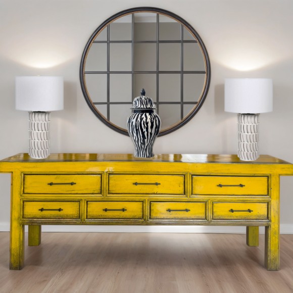 Distressed Yellow Pine 7 Drawer Sideboard