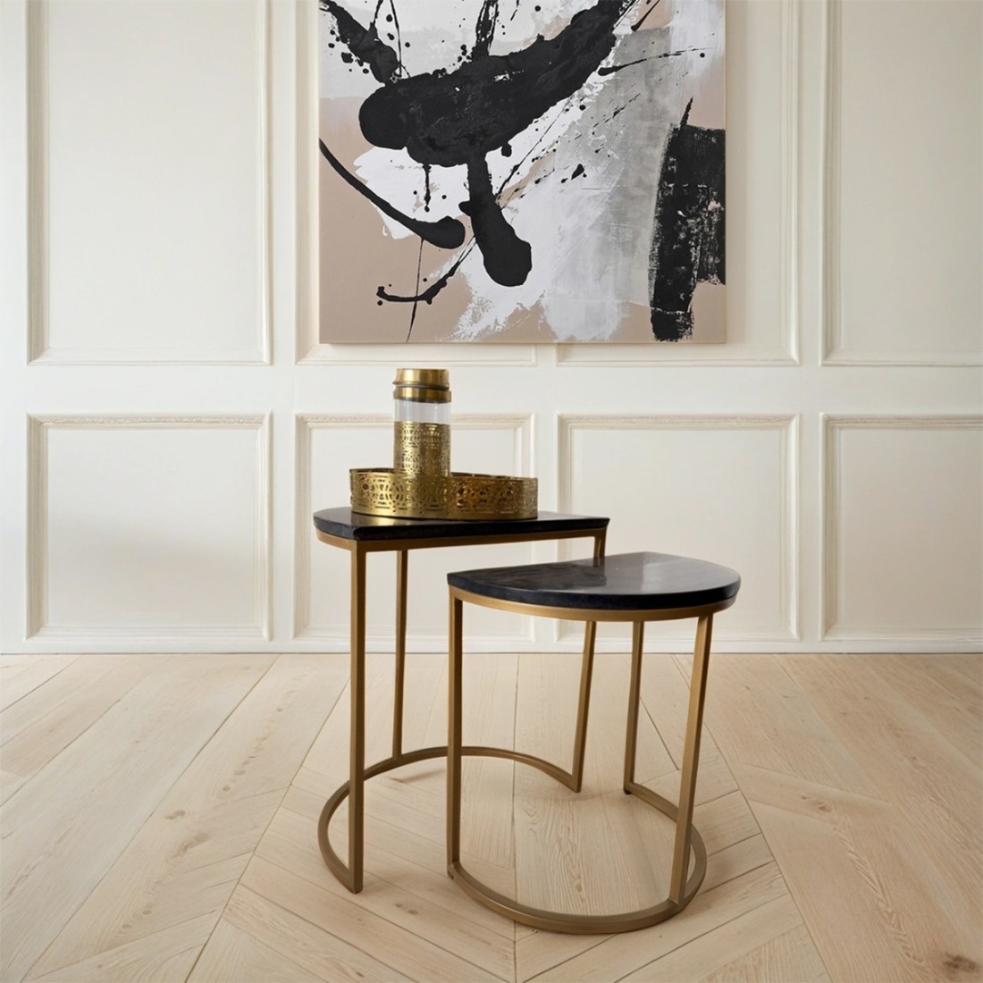 Black Marble Gold Semi Circle Tables Set of 2