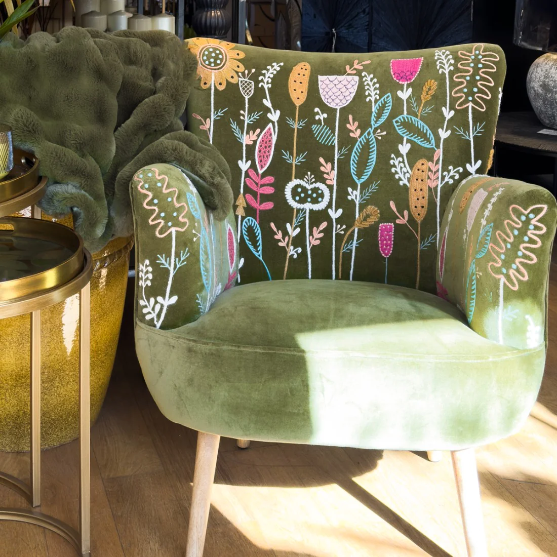 Olive Green Floral Embroidery Chair Time Tide
