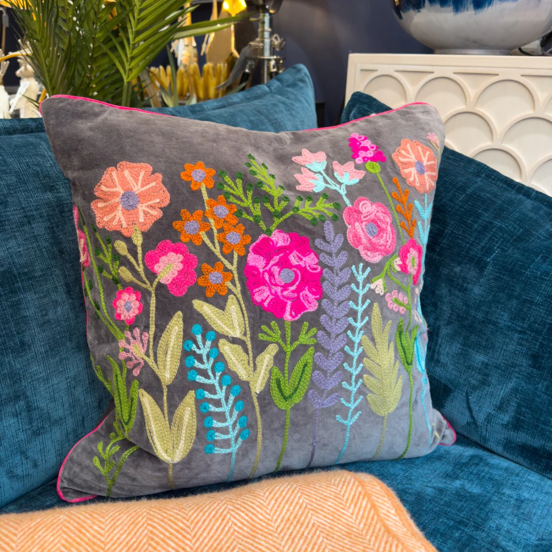 Pink and grey floral cushions top