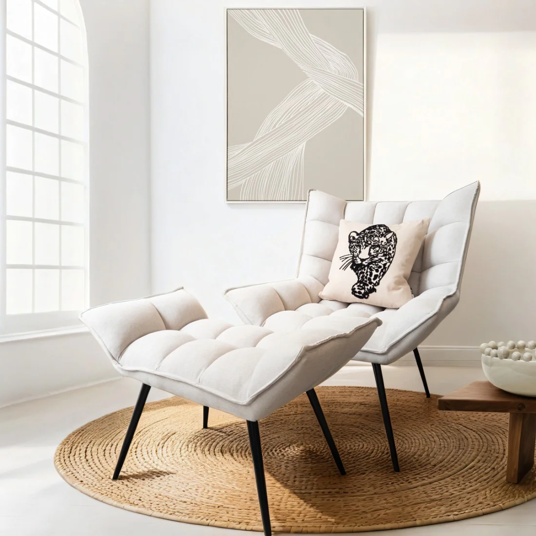 Neutral Padded Lounge Chair Matching Footstool Time Tide