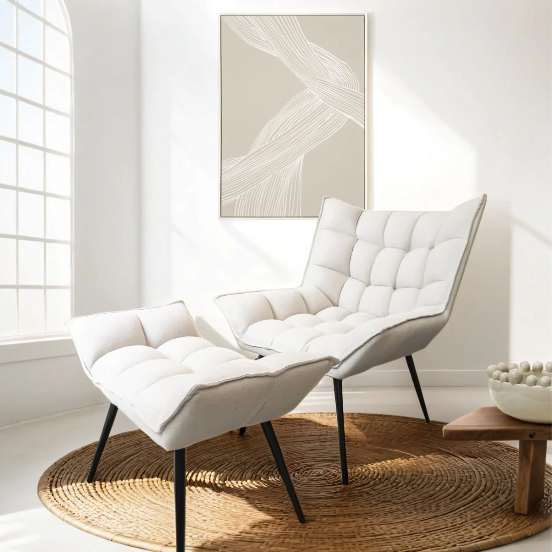 Neutral Padded Lounge Chair Footstool
