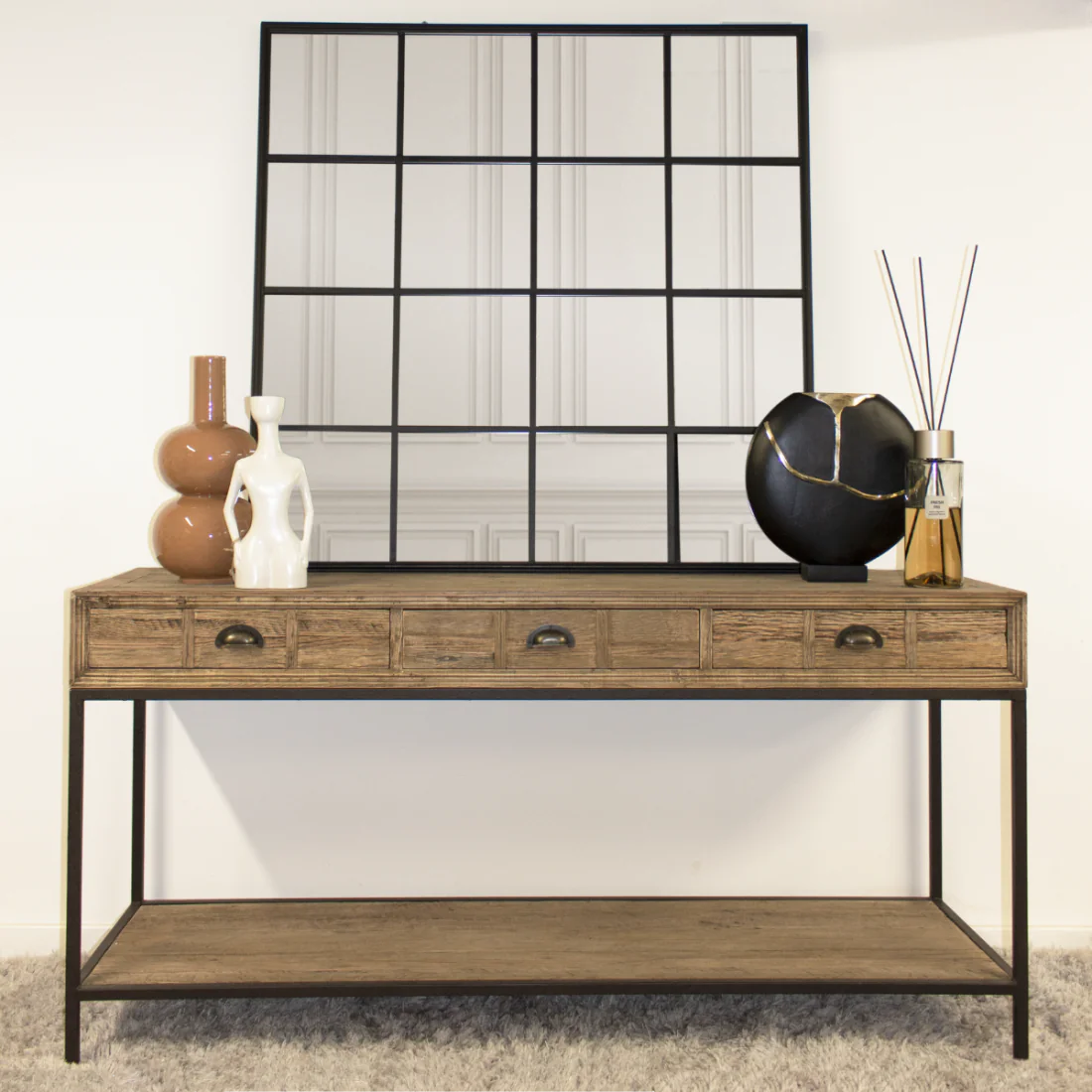 Wood Metal Console Table with Drawers Time Tide
