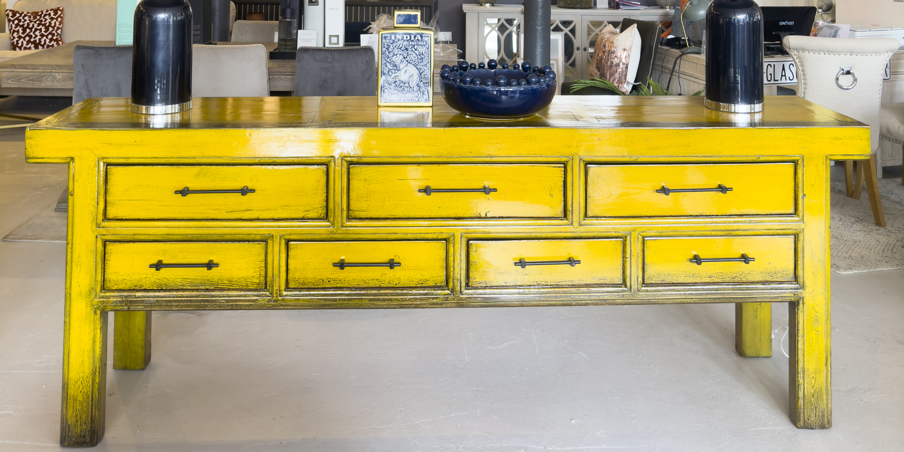 statement yellow distressed sideboard with drawers