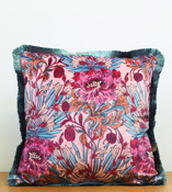 Cushions Dusty Pink Floral Cushion with Blue Fringe