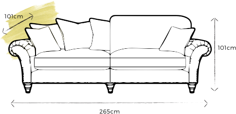 specification drawing of dale grand split sofa with dimensions 