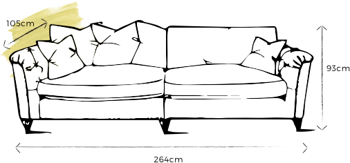 specification drawing of emilia grand split sofa with dimensions 
